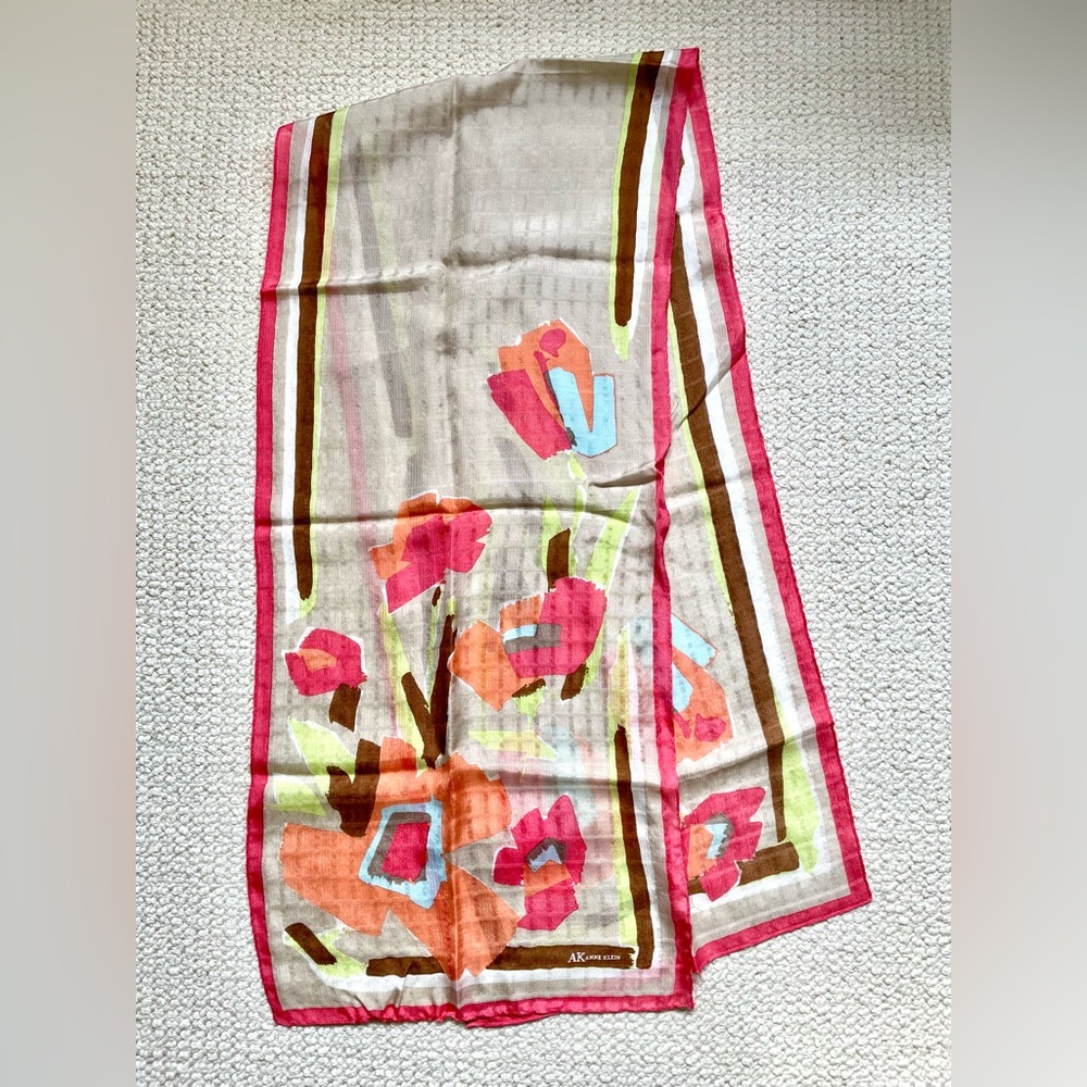 Vintage AK Anne Klein Sheer Floral Scarf Painterly Print Retro